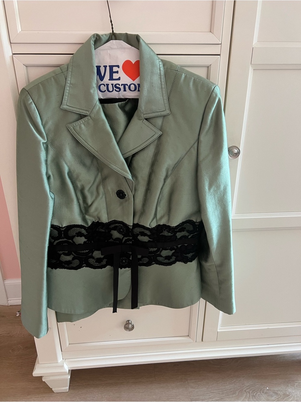 Kay Unger Mint Green Blazer with Black Lace Waist Tie